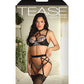 Tease Avori Embroidered Mesh Bra, Garter Belt & Panty Black M/L