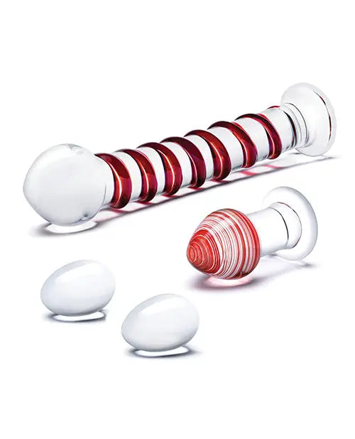 Glas 4-Piece Glass Dildo Set | Mr Swirly Glass Kegel Balls | 3.25" Red Butt Plug Electric Eel INC