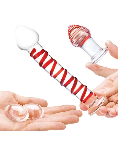 Glas 4-Piece Glass Dildo Set | Mr Swirly Glass Kegel Balls | 3.25" Red Butt Plug Electric Eel INC