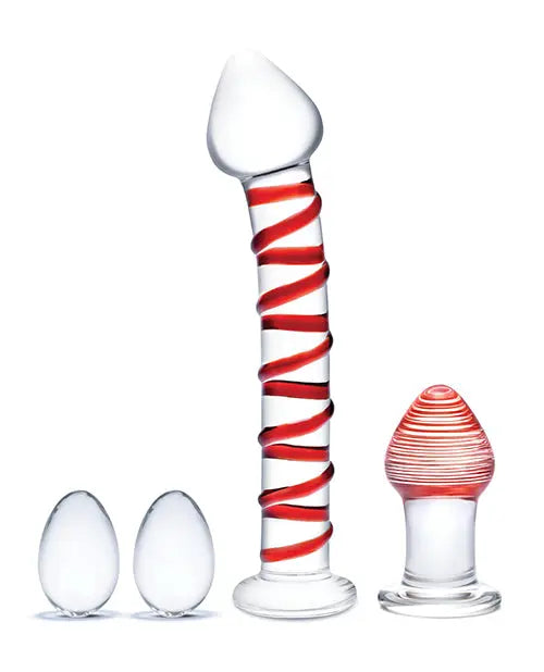 Glas 4-Piece Glass Dildo Set | Mr Swirly Glass Kegel Balls | 3.25" Red Butt Plug Electric Eel INC