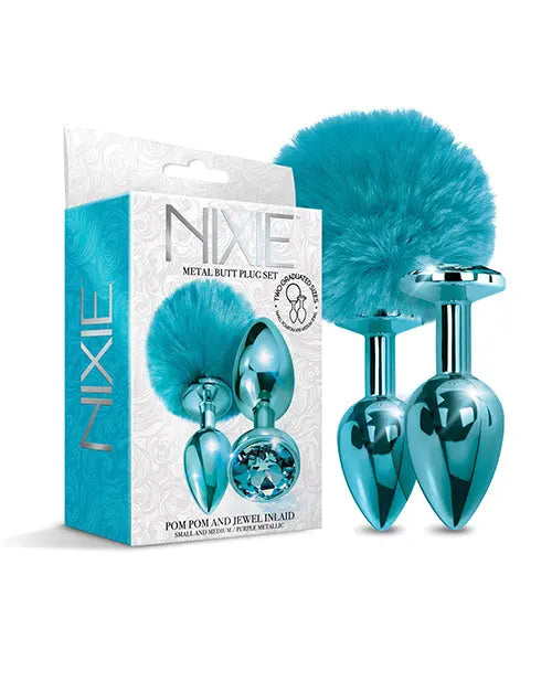 Nixie Metal Butt Plug Set w/Jewel Inlaid & Pom Pom - Blue Metallic Global Novelties LLC