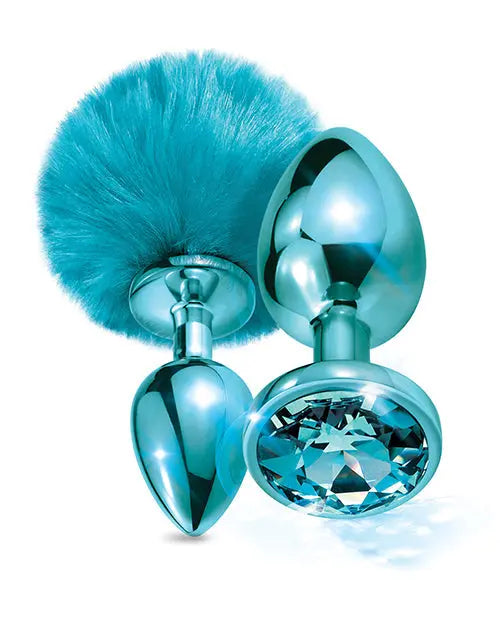 Nixie Metal Butt Plug Set w/Jewel Inlaid & Pom Pom - Blue Metallic Global Novelties LLC