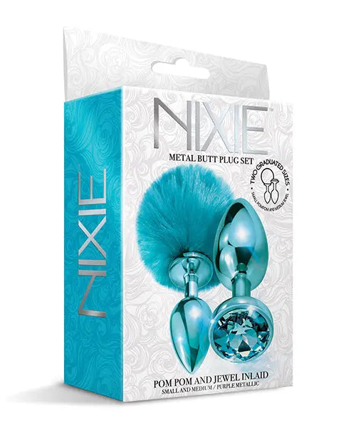 Nixie Metal Butt Plug Set w/Jewel Inlaid & Pom Pom - Blue Metallic Global Novelties LLC