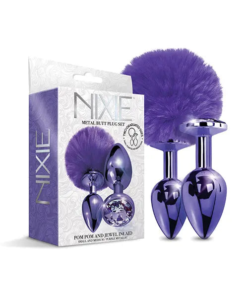 Nixie Metal Butt Plug Set w/Jewel Inlaid & Pom Pom - Purple Metallic Global Novelties LLC