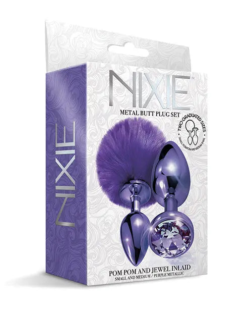Nixie Metal Butt Plug Set w/Jewel Inlaid & Pom Pom - Purple Metallic Global Novelties LLC