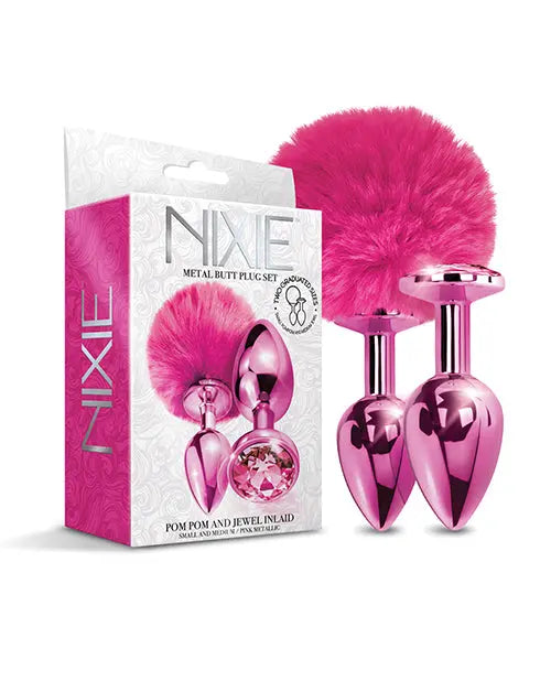 Nixie Metal Butt Plug Set w/Jewel Inlaid & Pom Pom - Pink Metallic Global Novelties LLC