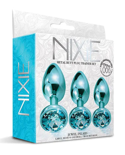 Nixie Metal Butt Plug Trainer Set w/Inlaid Jewel - Blue Metallic Global Novelties LLC