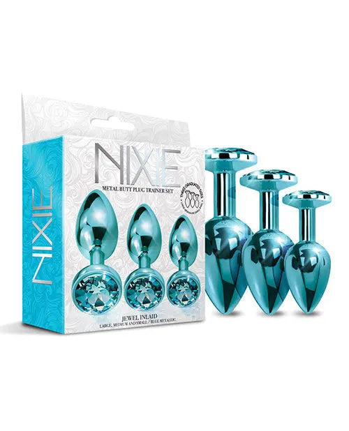 Nixie Metal Butt Plug Trainer Set w/Inlaid Jewel - Blue Metallic Global Novelties LLC