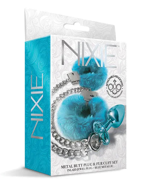 Nixie Metal Butt Plug w/Inlaid Jewel & Fur Cuff Set - Blue Metallic Global Novelties LLC