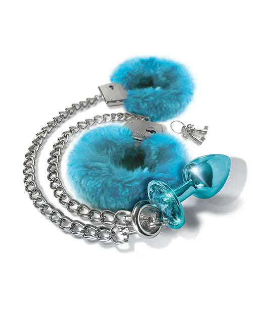 Nixie Metal Butt Plug w/Inlaid Jewel & Fur Cuff Set - Blue Metallic Global Novelties LLC