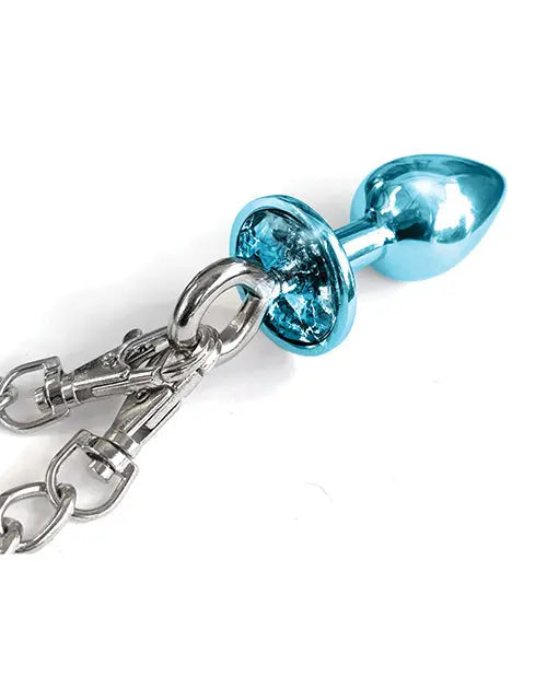 Nixie Metal Butt Plug w/Inlaid Jewel & Fur Cuff Set - Blue Metallic Global Novelties LLC