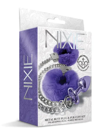 Nixie Metal Butt Plug w/Inlaid Jewel & Fur Cuff Set - Purple Metallic Global Novelties LLC