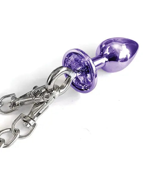 Nixie Metal Butt Plug w/Inlaid Jewel & Fur Cuff Set - Purple Metallic Global Novelties LLC