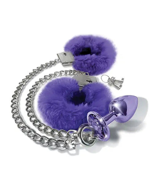 Nixie Metal Butt Plug w/Inlaid Jewel & Fur Cuff Set - Purple Metallic Global Novelties LLC