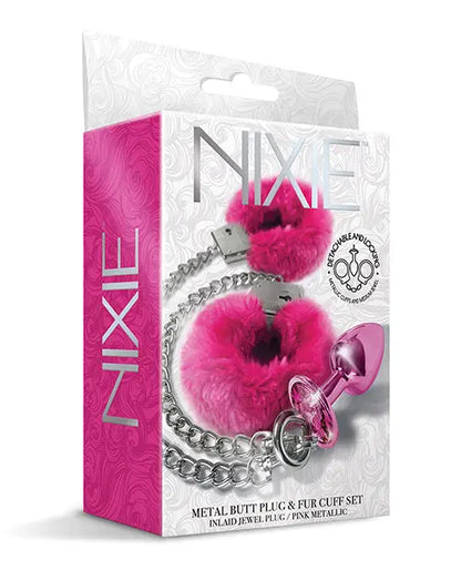 Nixie Metal Butt Plug w/Inlaid Jewel & Fur Cuff Set - Pink Metallic Global Novelties LLC