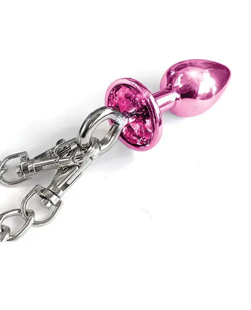 Nixie Metal Butt Plug w/Inlaid Jewel & Fur Cuff Set - Pink Metallic Global Novelties LLC