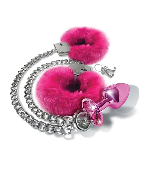 Nixie Metal Butt Plug w/Inlaid Jewel & Fur Cuff Set - Pink Metallic Global Novelties LLC