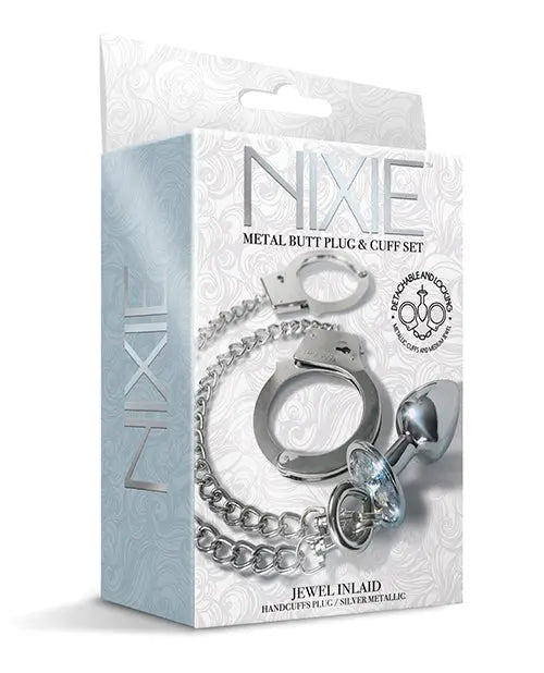 Nixie Metal Butt Plug w/Inlaid Jewel & Fur Cuff Set - Silver Metallic Global Novelties LLC