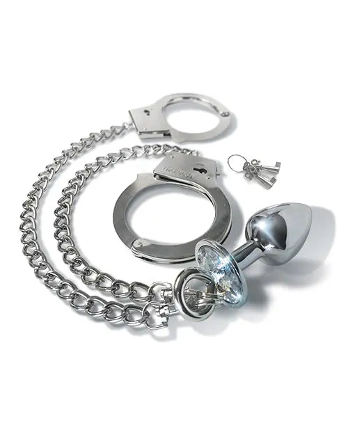Nixie Metal Butt Plug w/Inlaid Jewel & Fur Cuff Set - Silver Metallic Global Novelties LLC