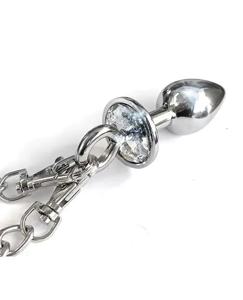 Nixie Metal Butt Plug w/Inlaid Jewel & Fur Cuff Set - Silver Metallic Global Novelties LLC