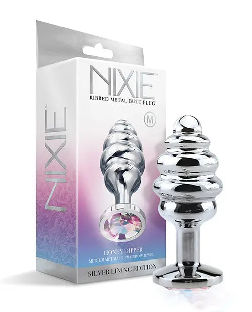 Nixie Honey Dipper Ribbed Metal Rainbow Jeweled Butt Plug - Medium Global Novelties LLC