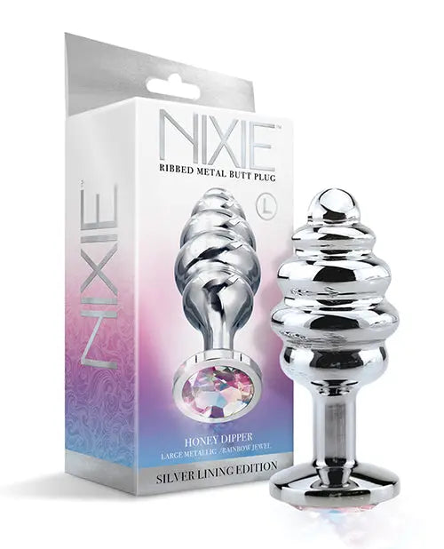 Nixie Honey Dipper Ribbed Metal Rainbow Jeweled Butt Plug - Large Global Novelties LLC