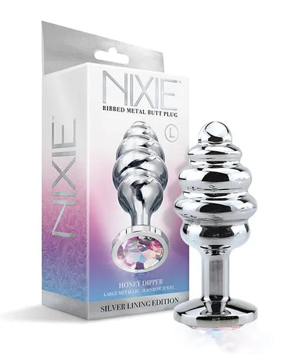 Nixie Honey Dipper Ribbed Metal Rainbow Jeweled Butt Plug - Large Global Novelties LLC