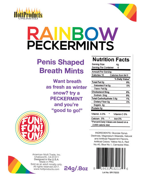 Rainbow Pecker Shape Candies in Tin-Carded Hott Products