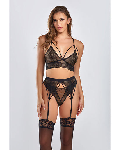 Everly Dot Mesh & Galloon Lace Strappy Bra, Garterbelt & Hipster Panty Black 1X Icollection Lingerie