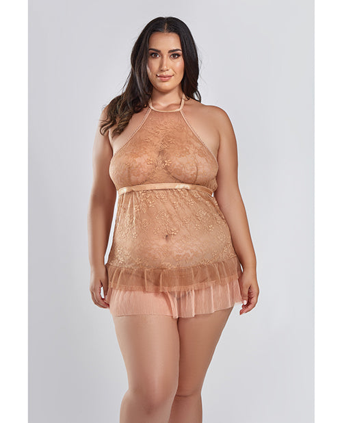 Amber Halter Lace Babydoll w/Tiered Pleated Mesh Skirt Hem & G-String Brown 3X Icollection Lingerie