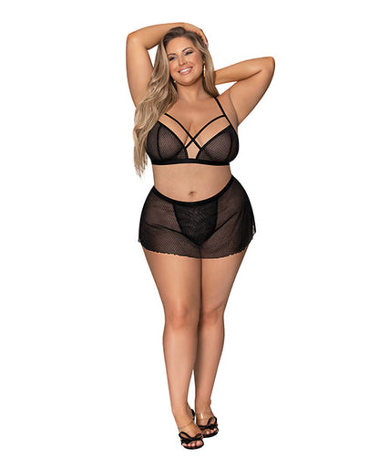 Girl Next Door Strappy Bralette w/Flirty Thong Skirt Black 2X Magic Moments Int'l