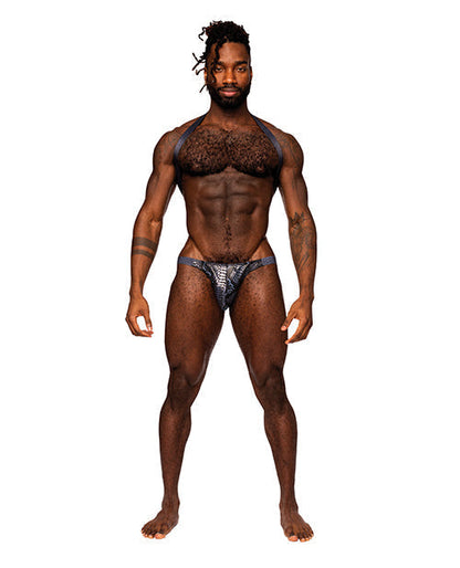 Snaked Metallic Coated Shoulder Sling Harness Thong Black/Blue L/XL Comme Ci Comme Ca