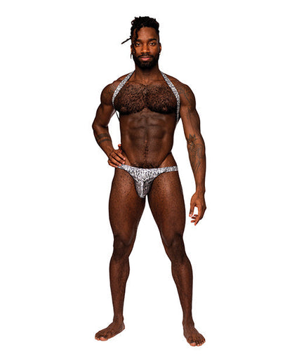 Snaked Metallic Coated Shoulder Sling Harness Thong Silver/Black L/XL Comme Ci Comme Ca