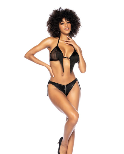 Fringe Halter Top & Open Back Bottom w/Front Zipper Black L/XL