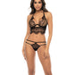 Lace Long Line Underwire Bra w/Removable Skirt & Thong Panty Black S/M