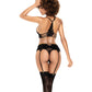 Lace Underwire Bra, Thong & Garterbelt w/Lace Up Detail Black M/L Mapale