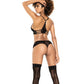 Lace Underwire Bra, Thong & Garterbelt w/Lace Up Detail Black M/L Mapale