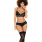 Lace Underwire Bra, Thong & Garterbelt w/Lace Up Detail Black S/M Mapale