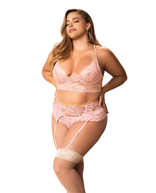 Lace Underwire Bra, Thong & Garterbelt w/Lace Up Detail Rose 1X/2X Mapale
