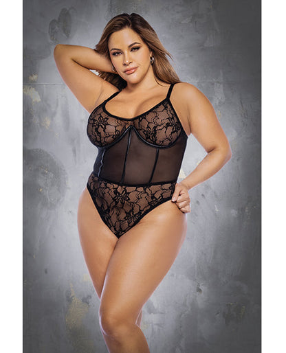 Floral Lace & Mesh Underwire Bodysuit w/Lace Up Back Black 3X/4X Mapale
