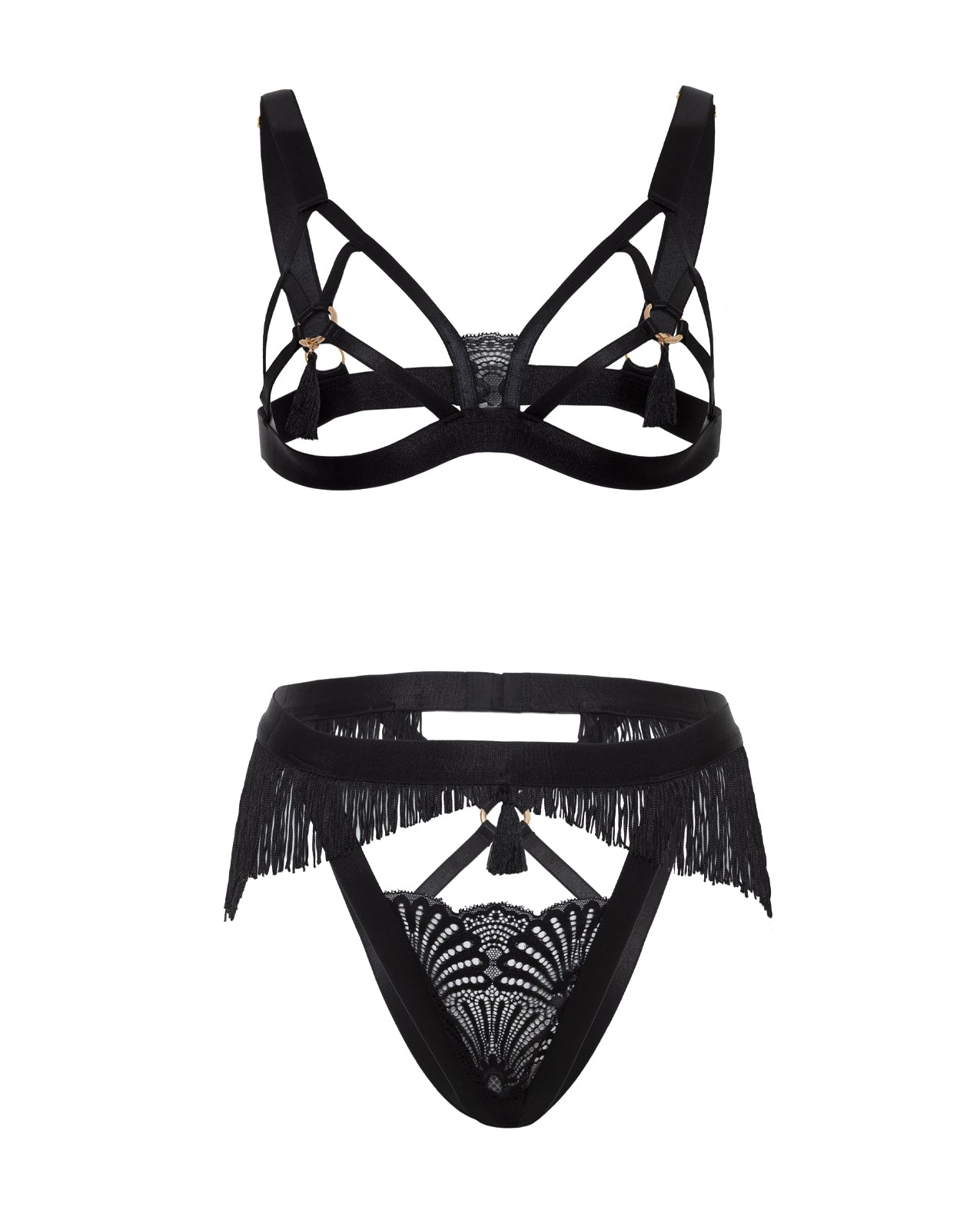 Annika Open Cup 2 pc Set w/Fringe and Tassel Detail - Black S/M Oh La La Cheri