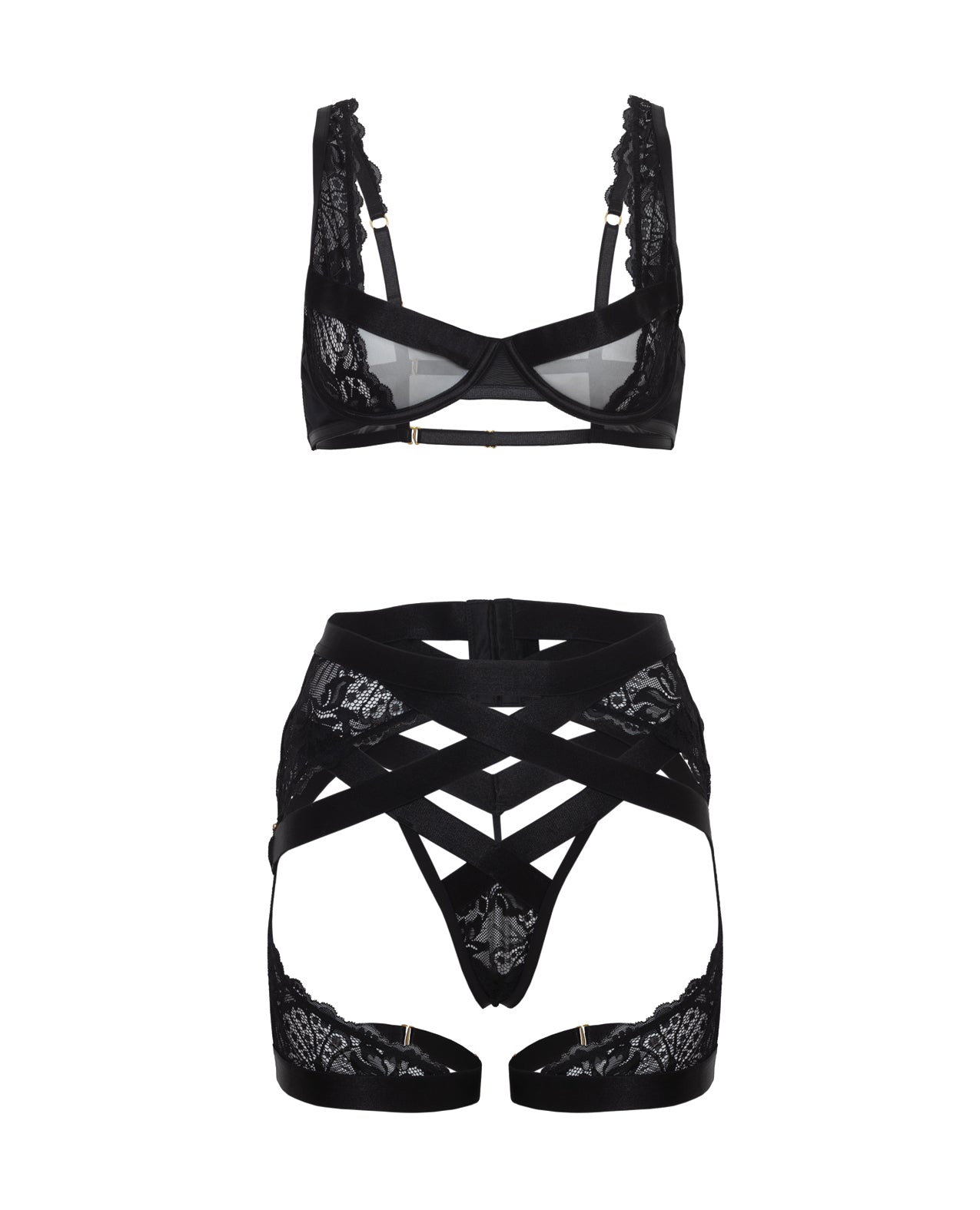 Thalia Mesh & Lace Underwire 3 pc Set - Black SM Oh La La Cheri