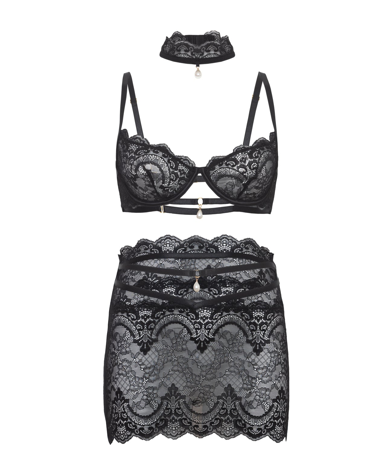 Perla Lace 3 pc Set w/Pearl Details - Black L/XL Oh La La Cheri
