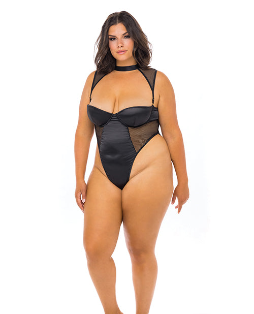 Josephine High Leg Teddy w/Removable Fishnet Collared Harness Black 3X Oh La La Cheri