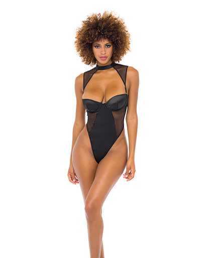 Josephine High Leg Teddy w/Removable Fishnet Collared Harness Black LG Oh La La Cheri