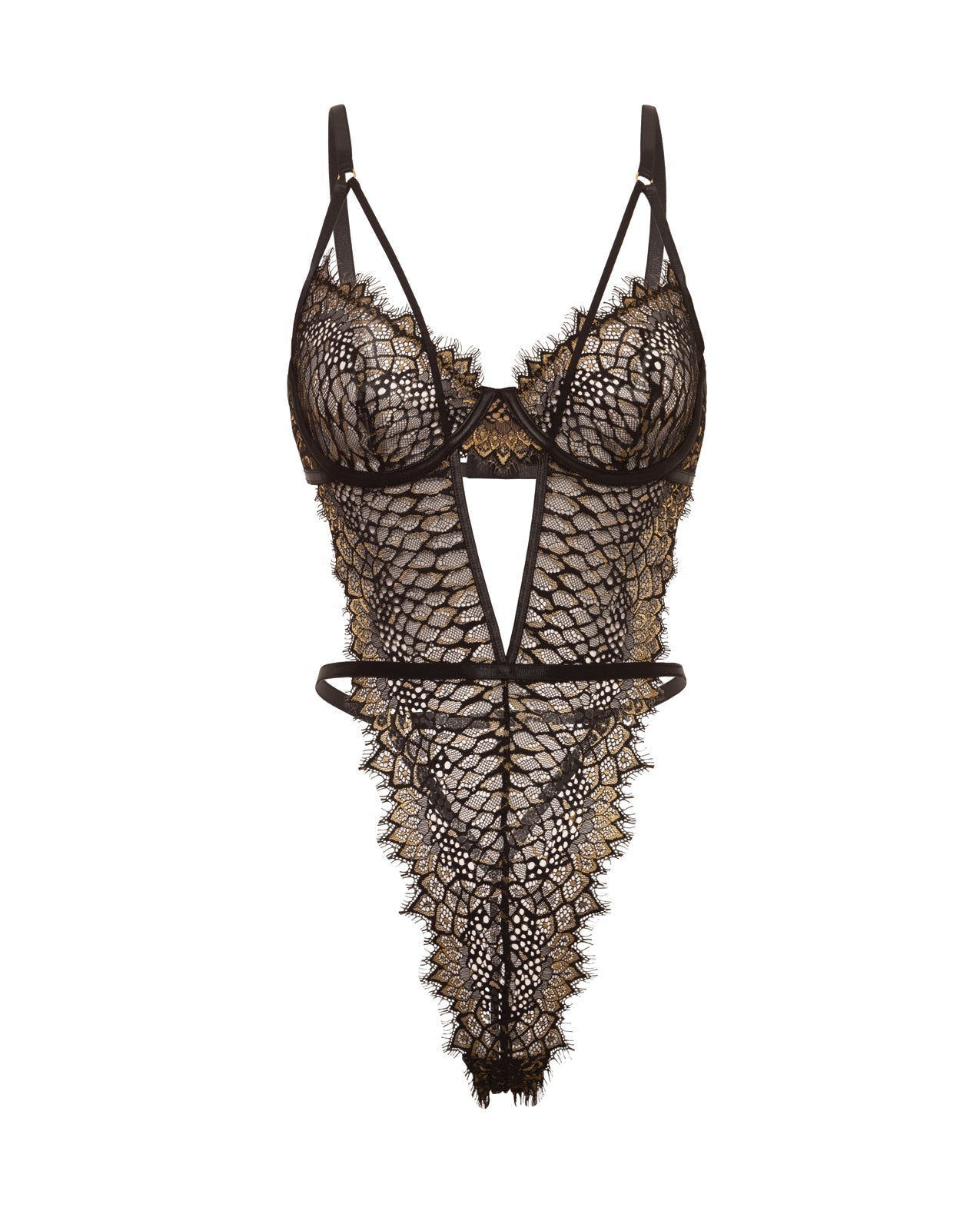 Greta Snake Eyelash Lace Teddy - Black/Gold XL Oh La La Cheri