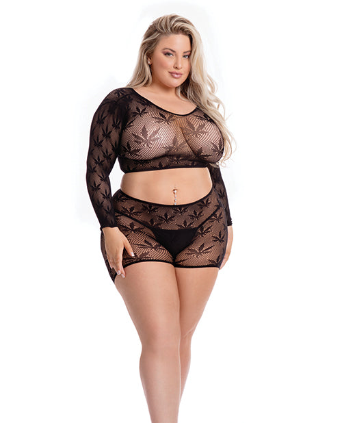 Pink Lipstick Leaf it to Me Long sleeve Crop Top & Short Black QN Rene Rofe