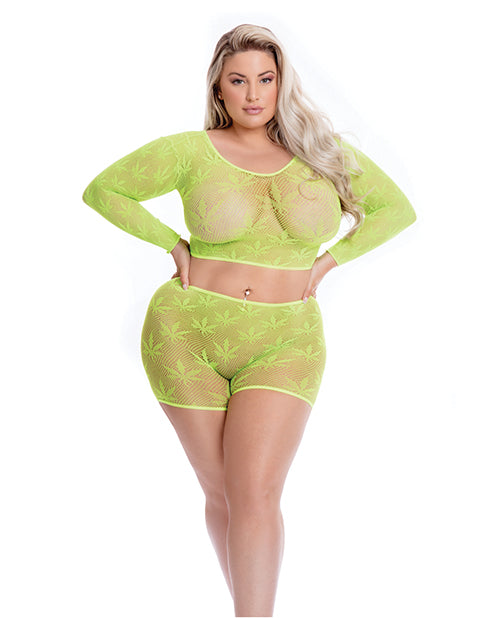Pink Lipstick Leaf it to Me Long sleeve Crop Top & Short Green QN Rene Rofe