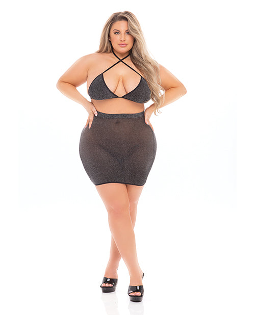 Pink Lipstick Black Cherry Strap Halter Bra & Skirt (Fits up to 3X) Black QN Rene Rofe