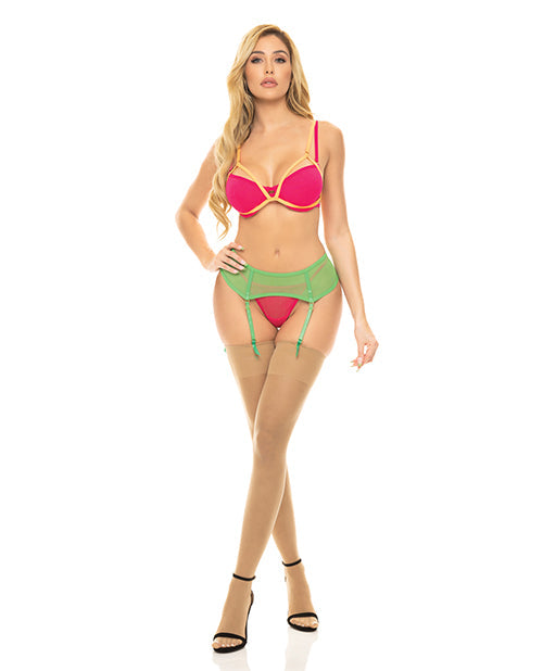 Pink Lipstick Come to Me Bra, Garter Belt & G-String Neon S/M Rene Rofe